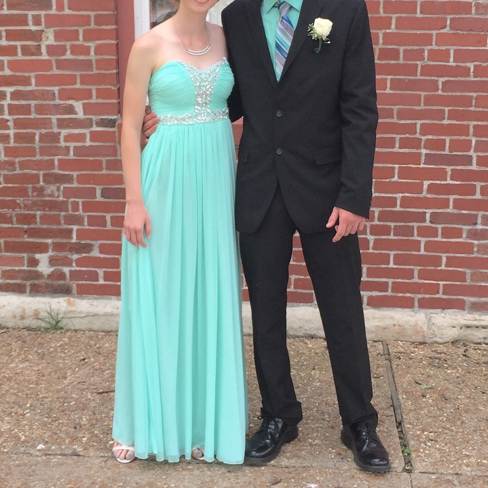 B. Darlin light blue-teal strapless prom dress
